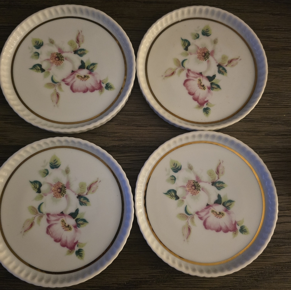 House of Webster Floral Ceramic Coasters Set of 4 Vintage Pink Flowers Gold Trim